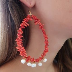 Handmade Coral chip and Freshwater Pearl Earrings, NWT